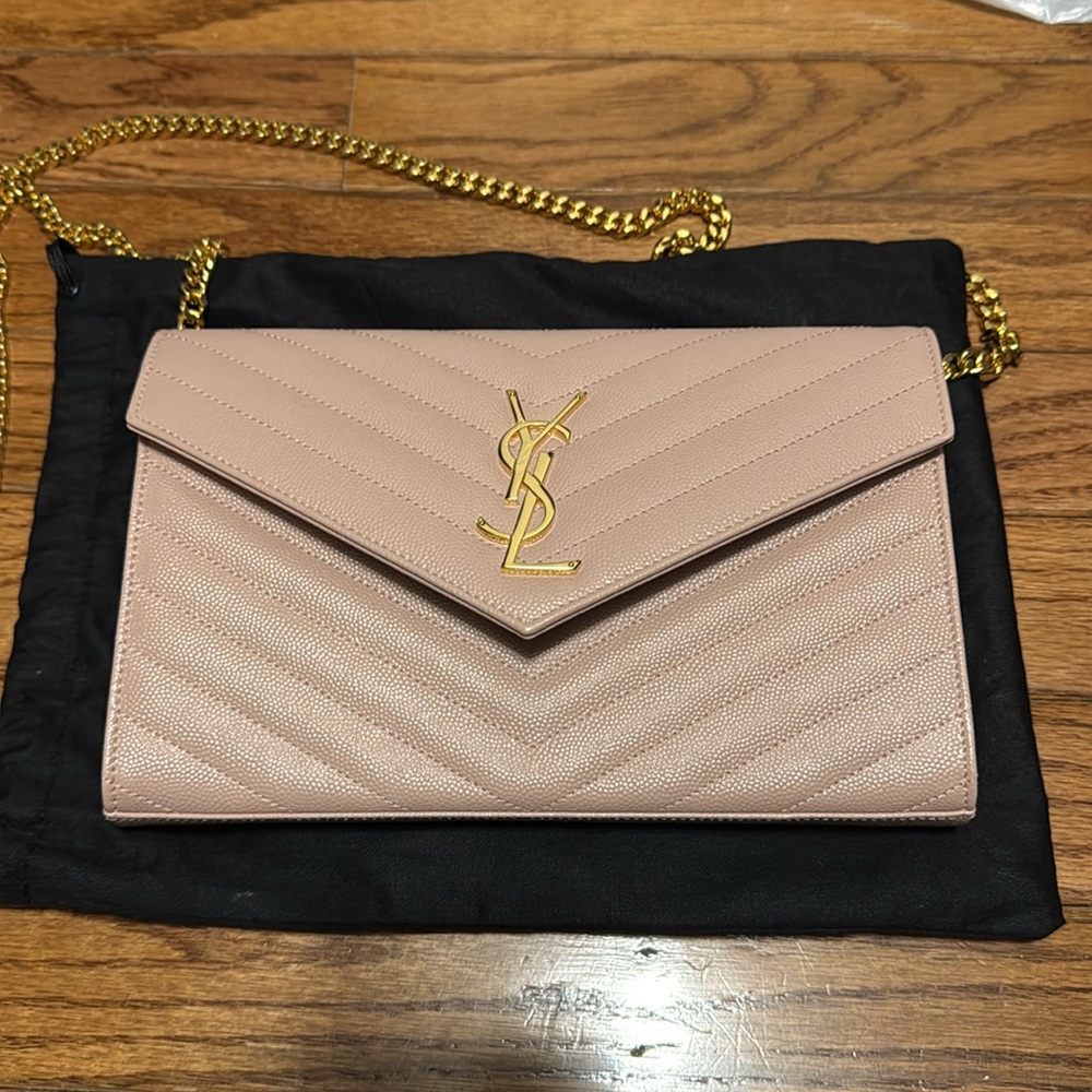 Yves Saint Laurent Blush Pink Quilted Leather Wallet on Chain with Gold Hardware